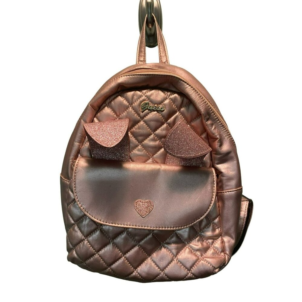 Guess Quilted Metallic Pink Mini Backpack With Glitter Bunny Ears & Pom Pom